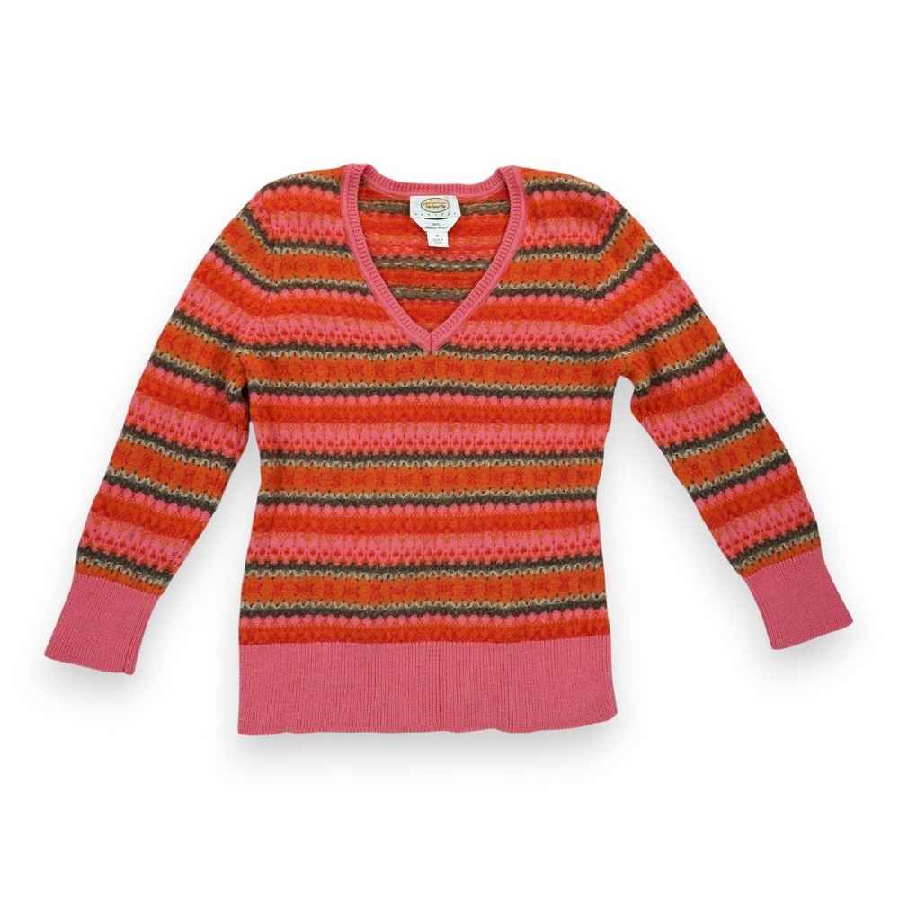 Vintage Talbots Women's 100% Merino Wool Sweater Striped Orange Size M Petites